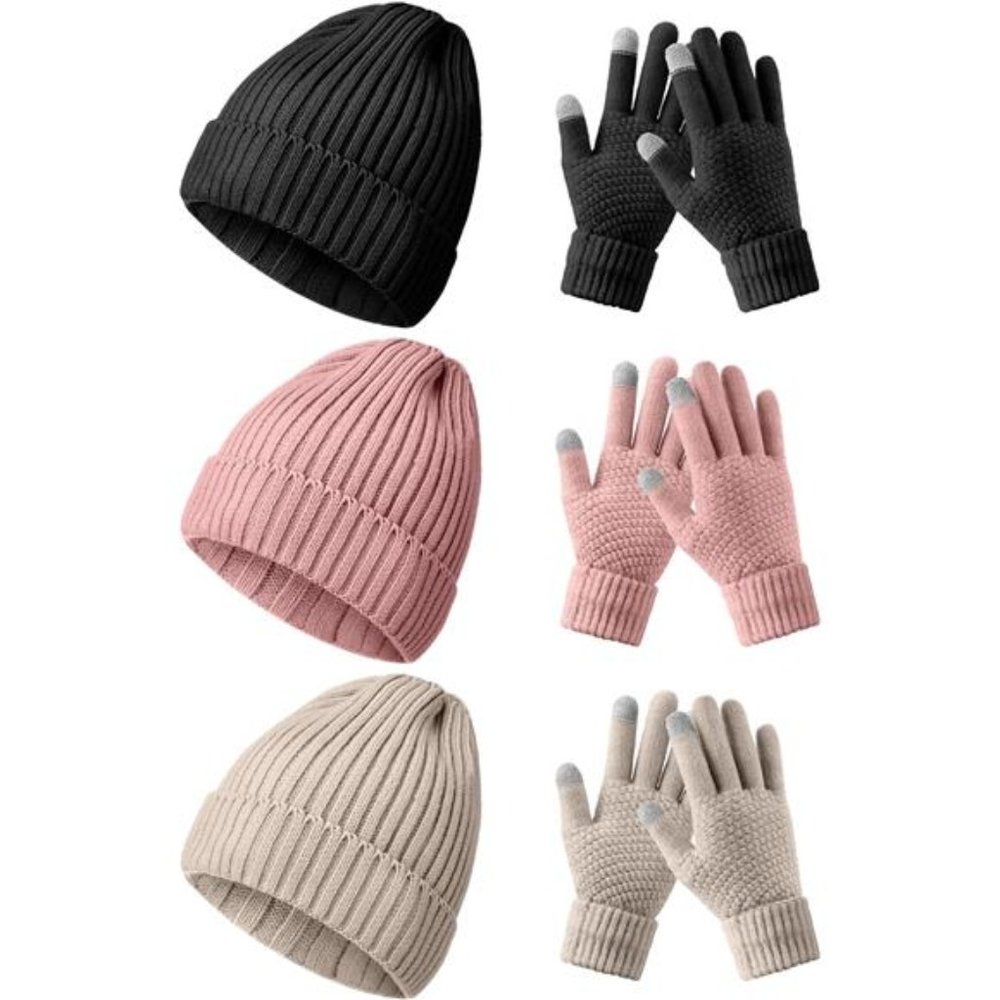 6 Pieces Women's Winter Knitted  Beanie Hat Gloves Set